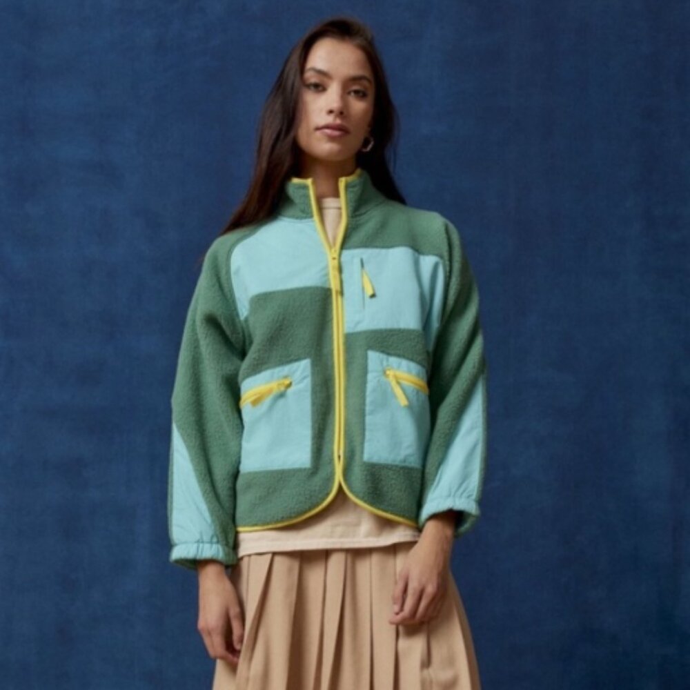 BDG Green Sherpa Fleece Zip up L